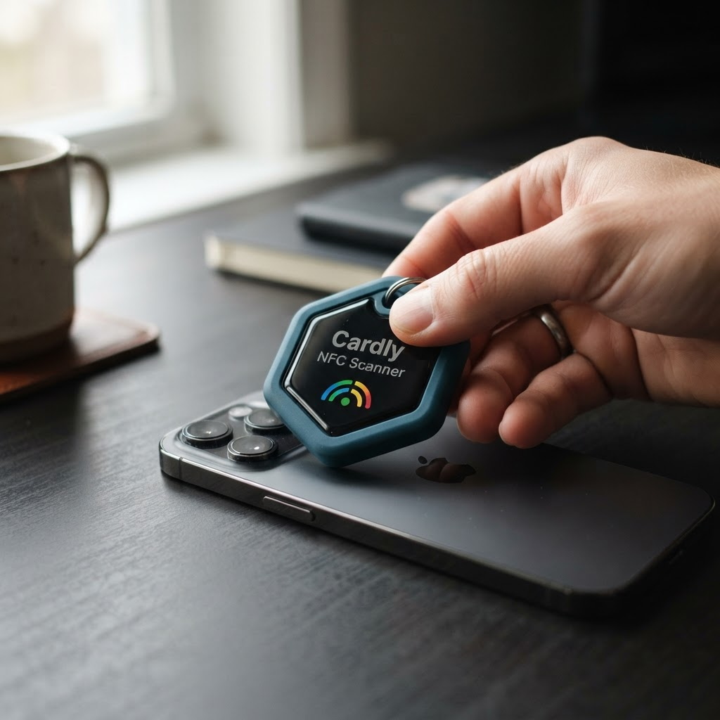 A hand tapping the teal Cardly NFC Scanner keychain against a phone