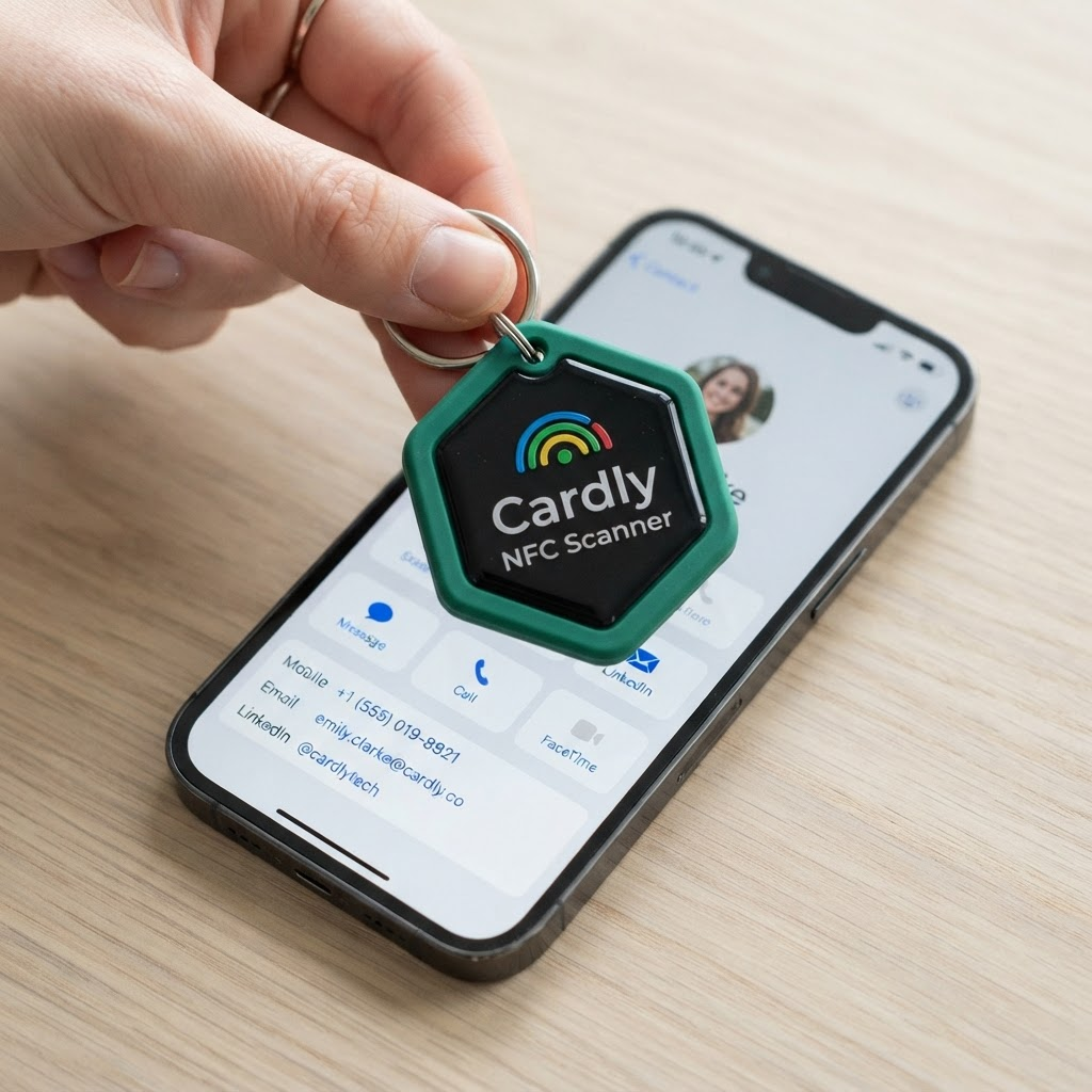 Fingers holding the green Cardly NFC Scanner keychain up to a phone screen
