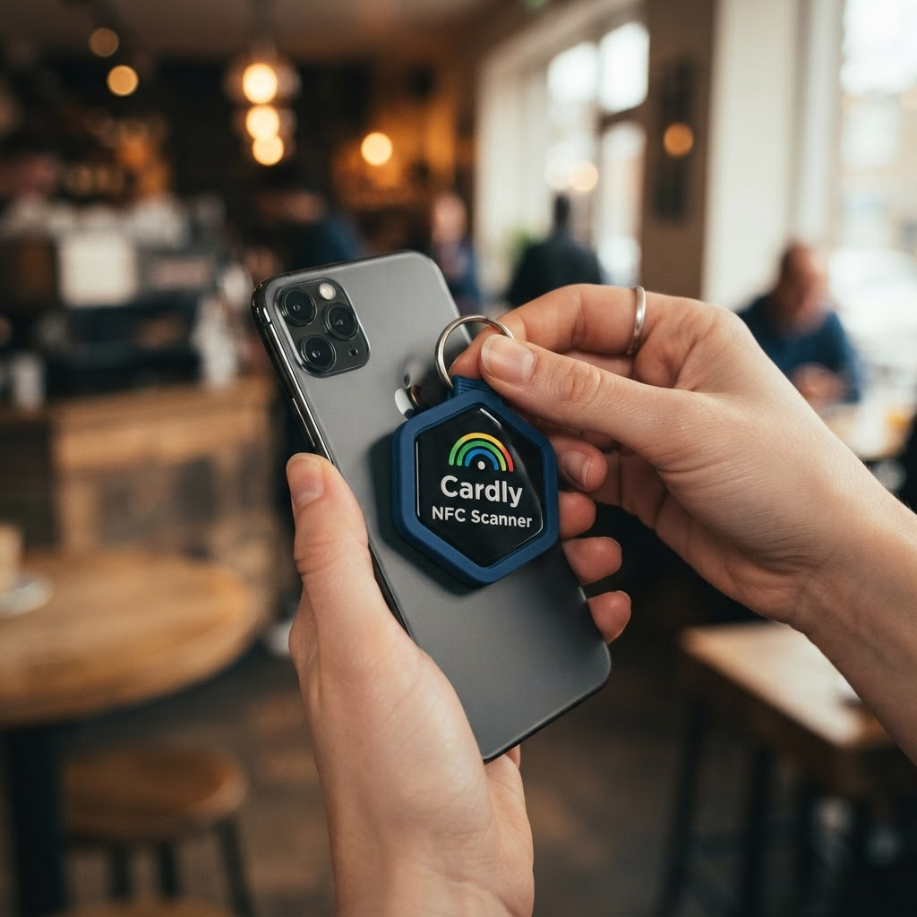 A hand scanning the blue Cardly NFC Scanner keychain with a phone in a cafe