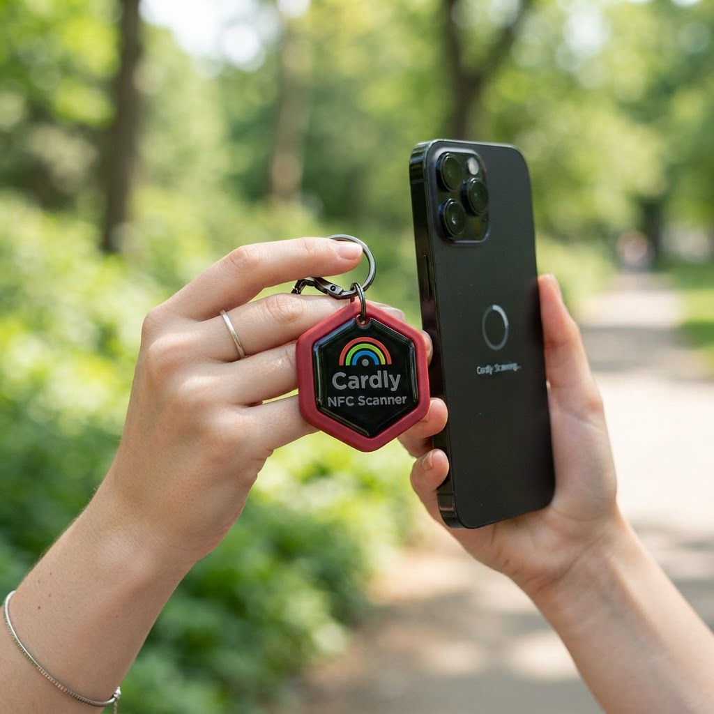 A hand holding the red Cardly NFC Scanner keychain up to a phone outdoors