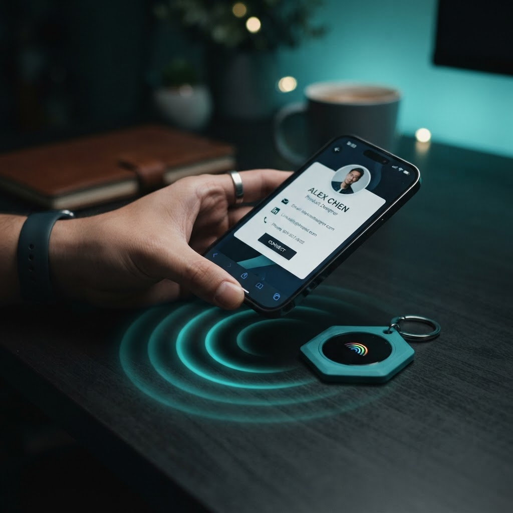 A teal Cardly NFC Scanner keychain sending a profile to a phone with signal waves